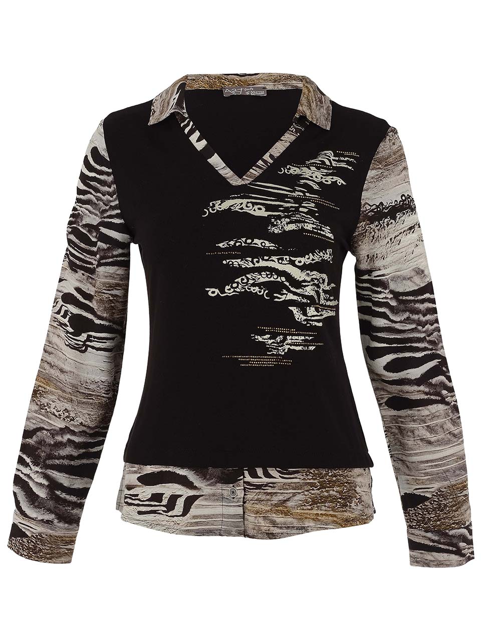 חולצה שחורה דפוס עם צווארון מודפס