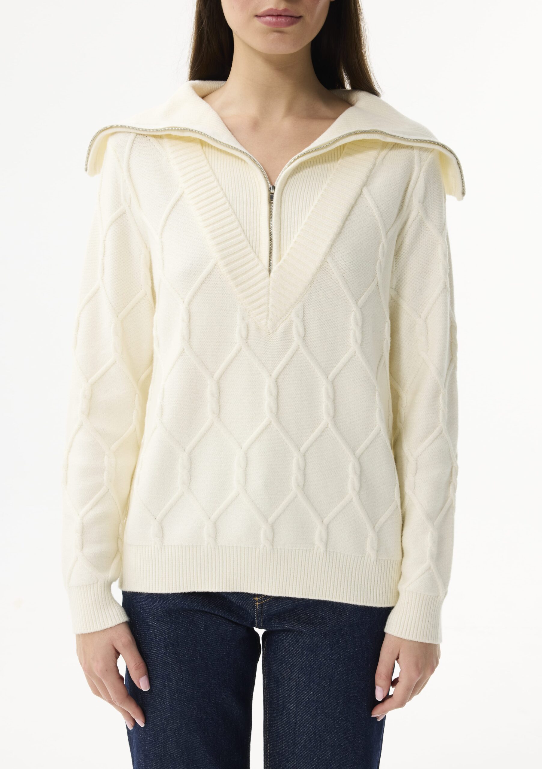 FH700-OFFWHITE_2135 סריג עם צווארון ודוגמת צמות מבד רך וחמים