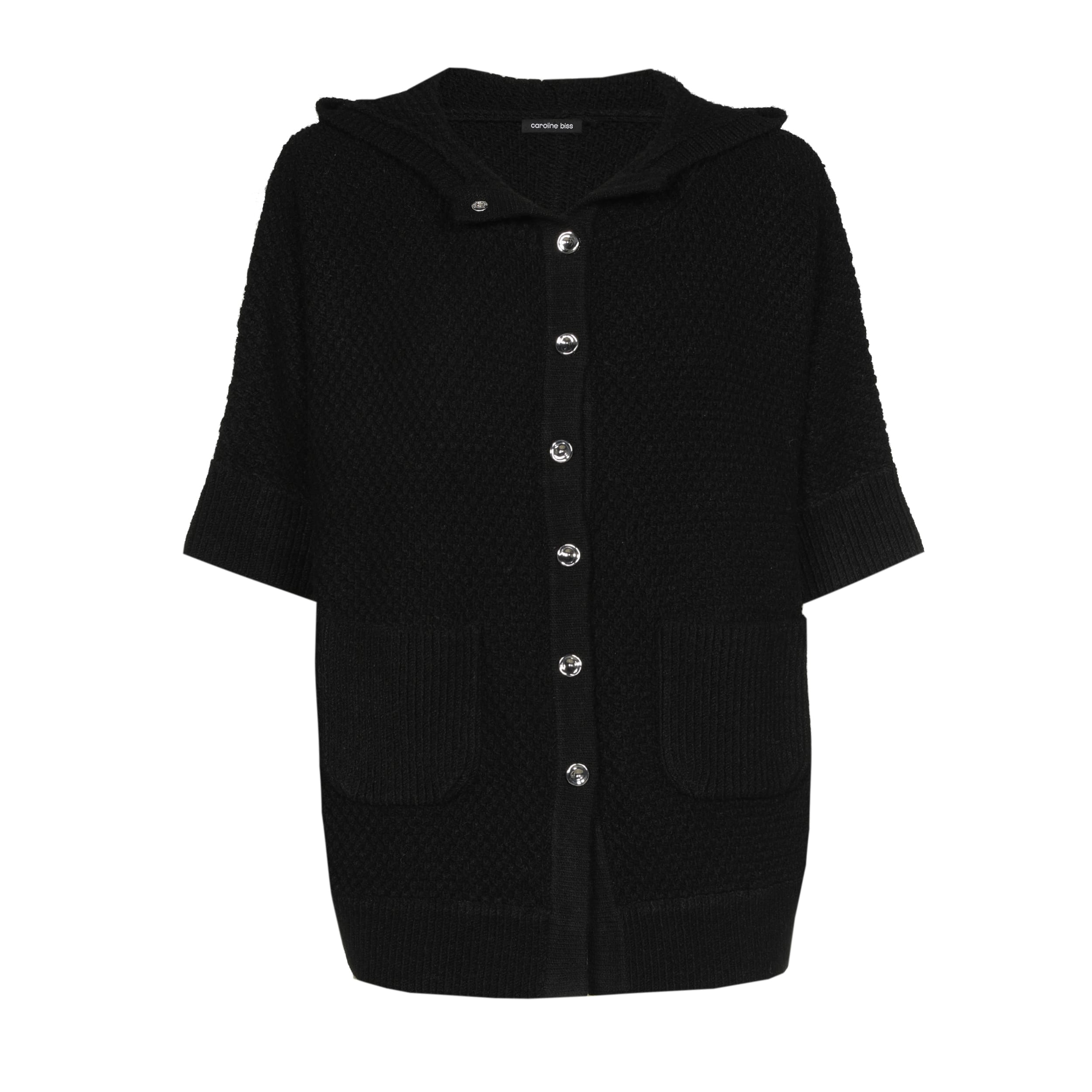 קרדיגן קצר עם כפתורים וכיסוי קפוצ'ון מבד סריג טקסטורלי