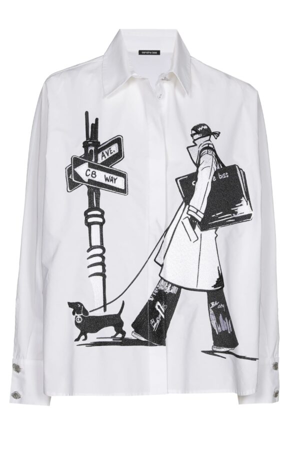 Sale 110 חולצת כפתורים עם הדפס איור אומנותי מכותנה