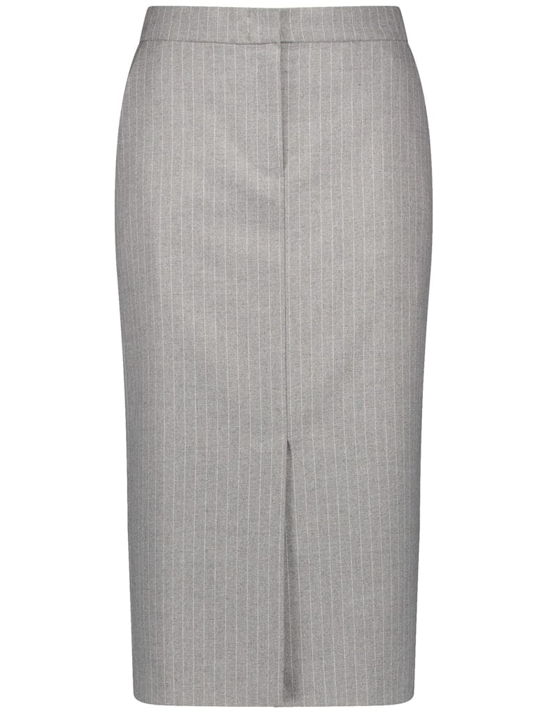 חצאית עפרון אפורה מחויטת עם פסי מחט מבד מובנה ונוח