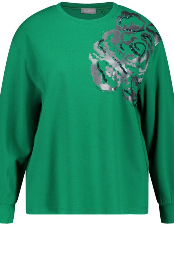 Sale 66 חולצה ירוקה עם עיטורי פרחים ונצנוצים מבד רך