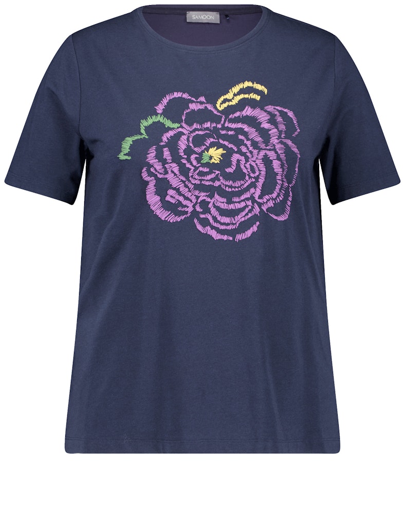 טי-שירט כחולה רכה עם הדפס פרח צבעוני