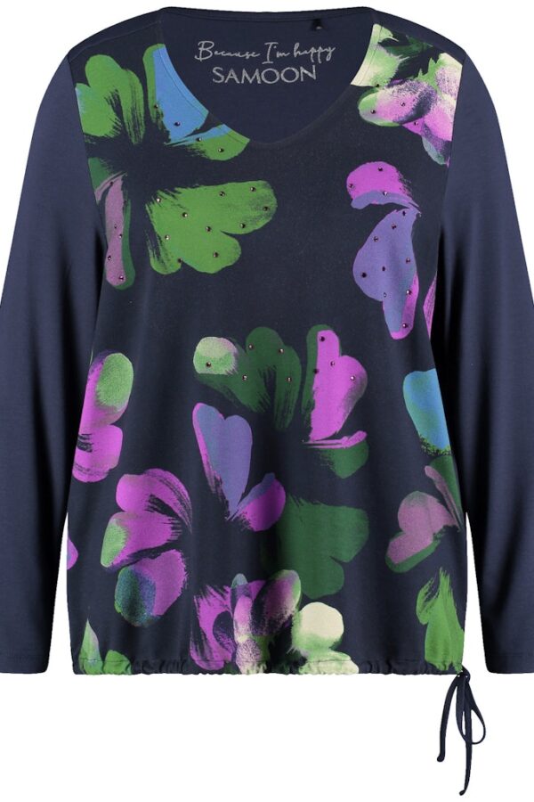 Sale 67 חולצה כחולה עם הדפס פרחים צבעוני ונגיעות אבנים מבד רך