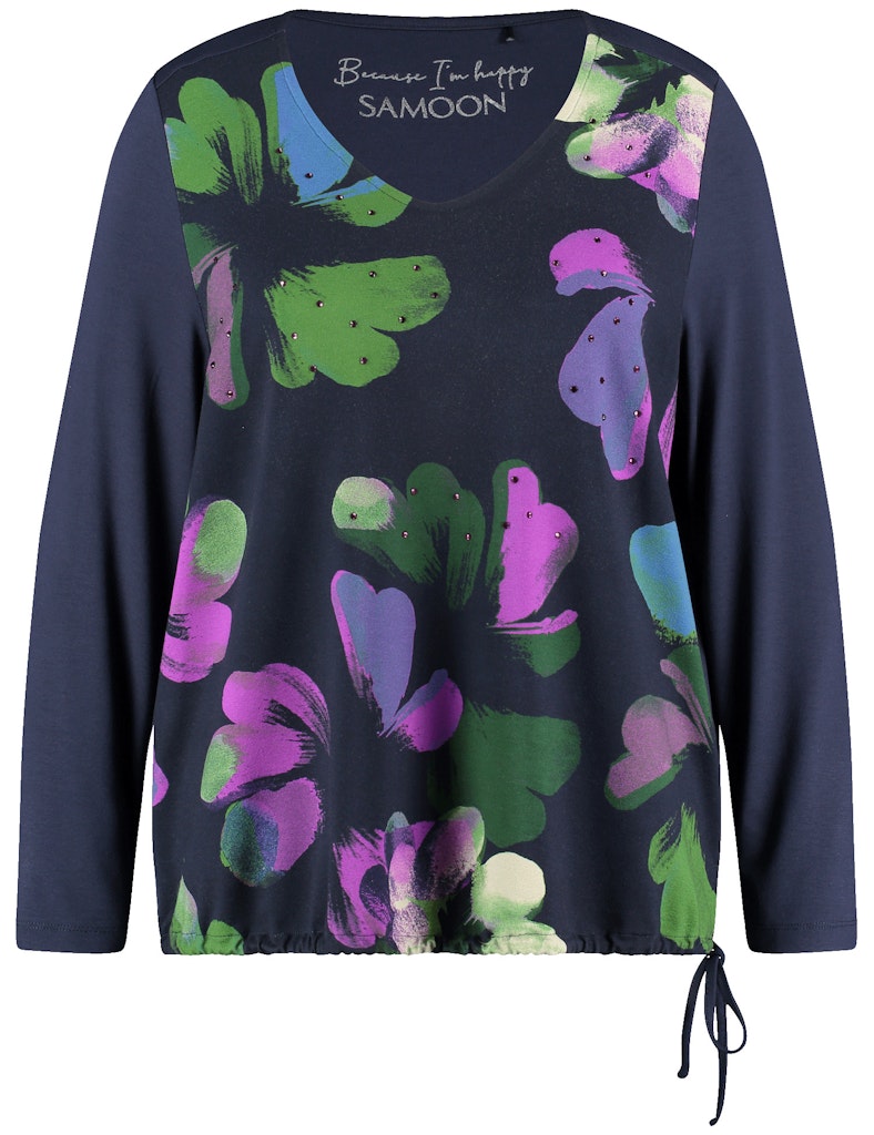 חולצה כחולה עם הדפס פרחים צבעוני ונגיעות אבנים מבד רך