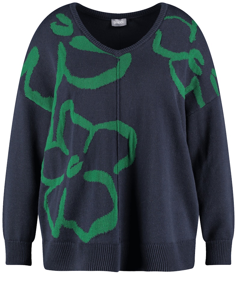 סריג כחול עם דוגמת פרחים ירוקה מחמם