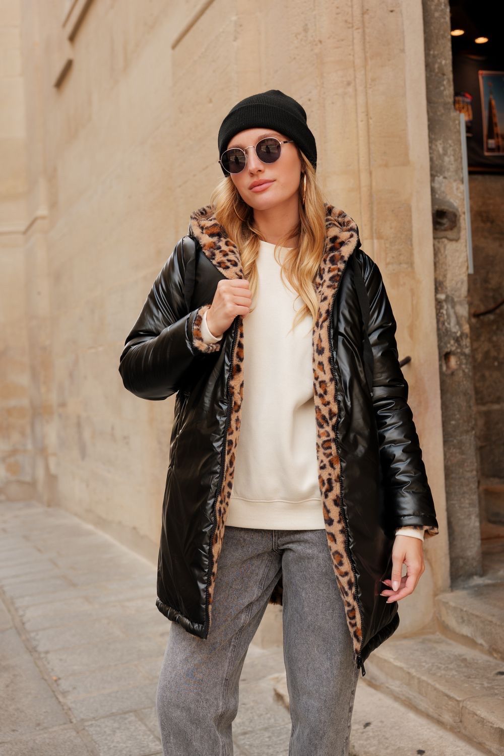 מעיל דו צדדי מחמם מבד מבריק