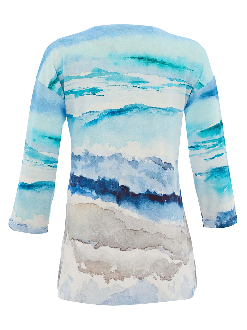 חולצת טי ארוכה עם הדפס גלים בשילוב גווני כחול ולבן