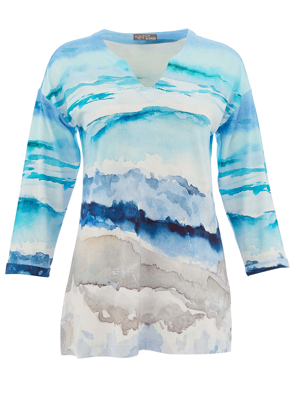 חולצת טי ארוכה עם הדפס גלים בשילוב גווני כחול ולבן