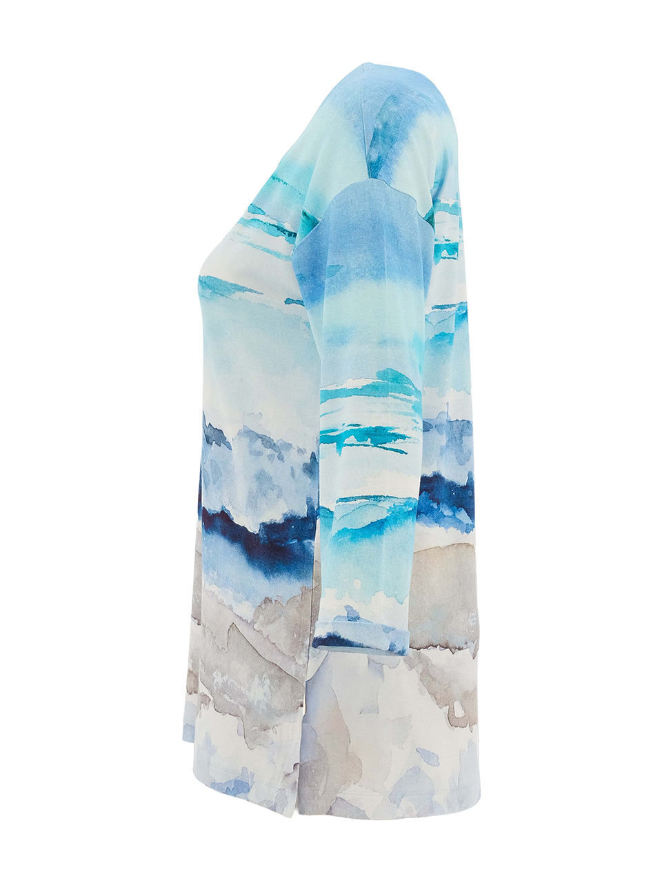 חולצת טי ארוכה עם הדפס גלים בשילוב גווני כחול ולבן