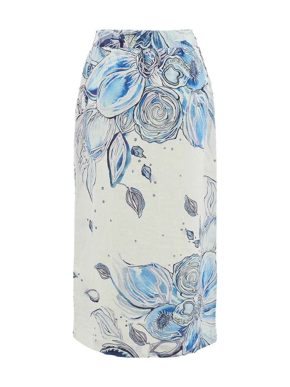 חצאית פשתן ישרה עם הדפס פרחים בגווני כחול