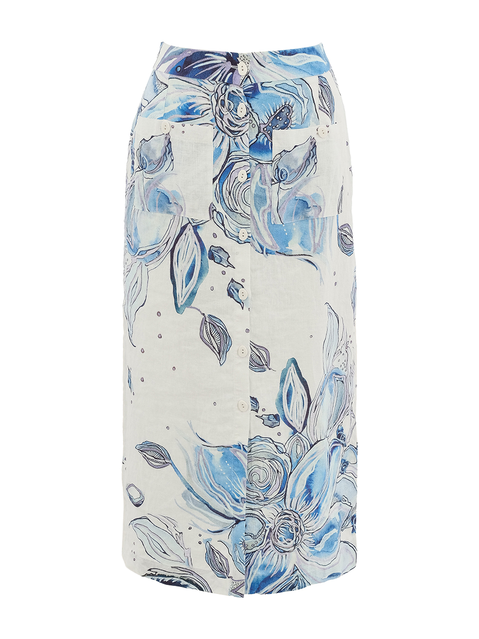 חצאית פשתן ישרה עם הדפס פרחים בגווני כחול