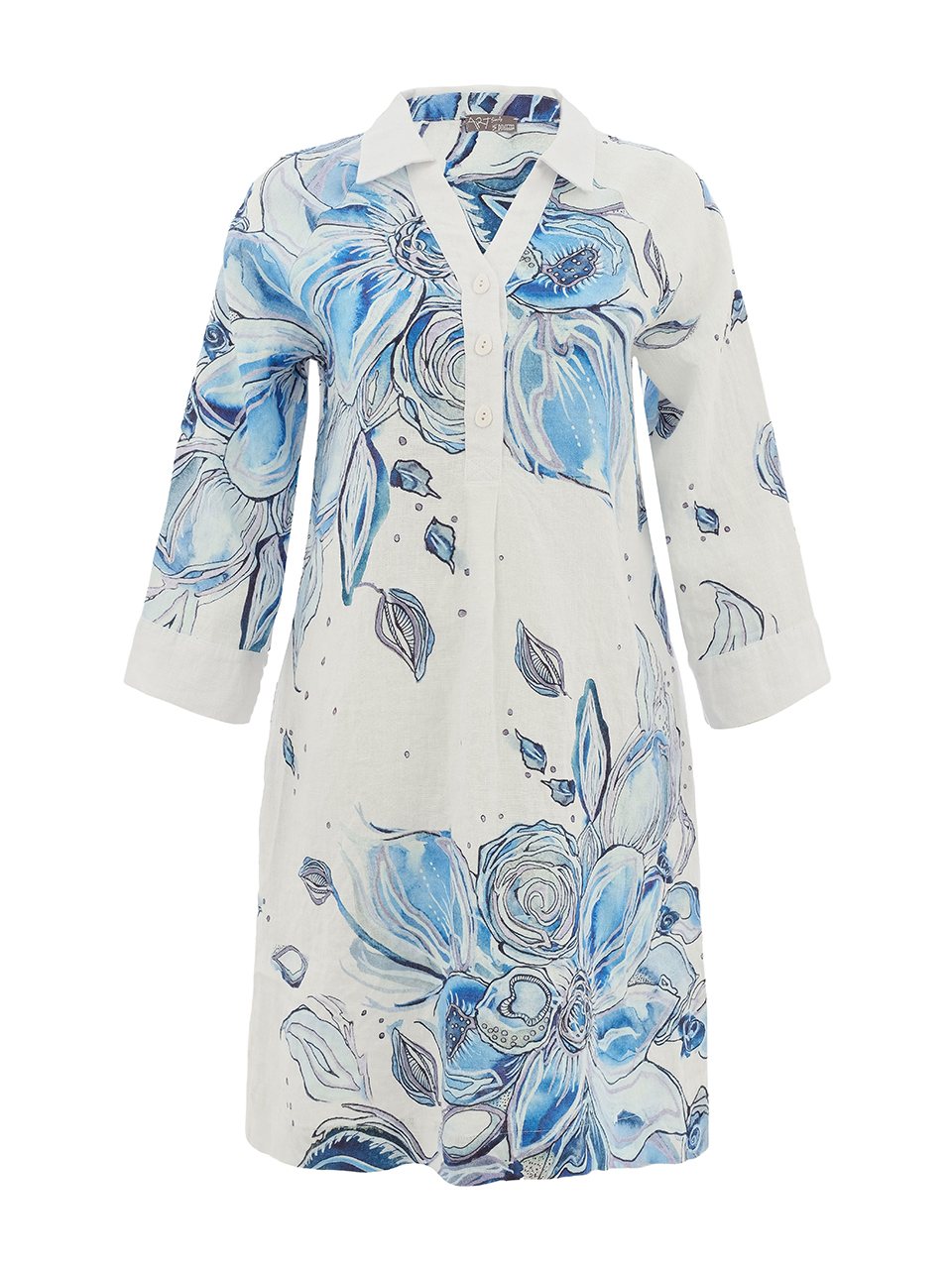 שמלת פשתן כפתורים עם הדפס פרחים בגווני כחול