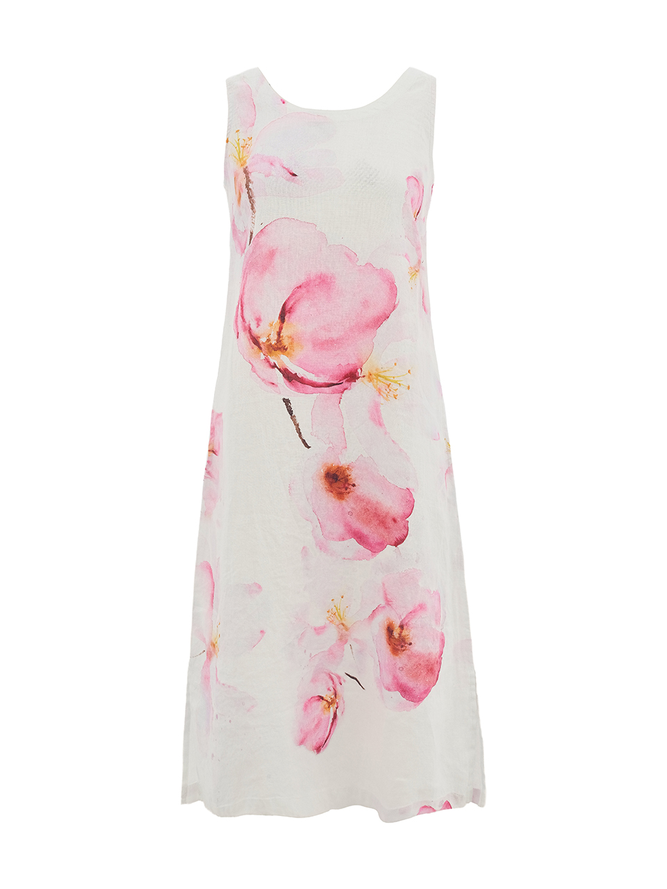 שמלת פשתן לבנה בהדפס פרחוני ורוד