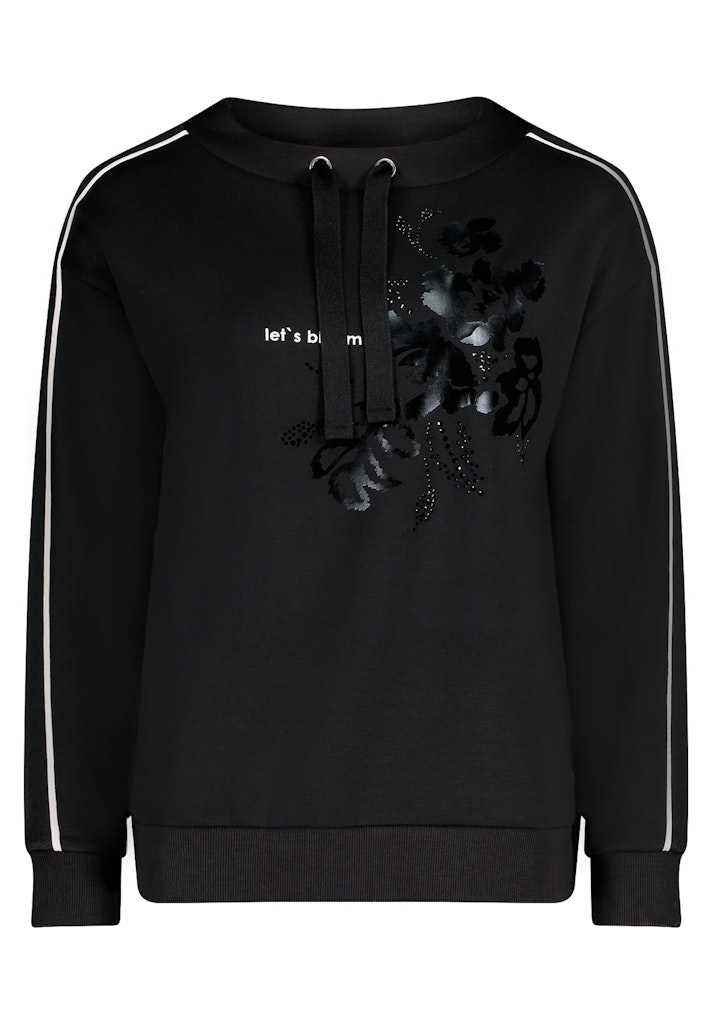 סווטשירט שחור עם הדפס פרחוני וכיתוב